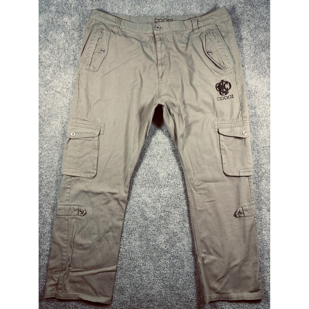 COOGI Men's Cargo Pants Beige Embroidered Logo Size 48x36 Hip‎ Hop Streetwear